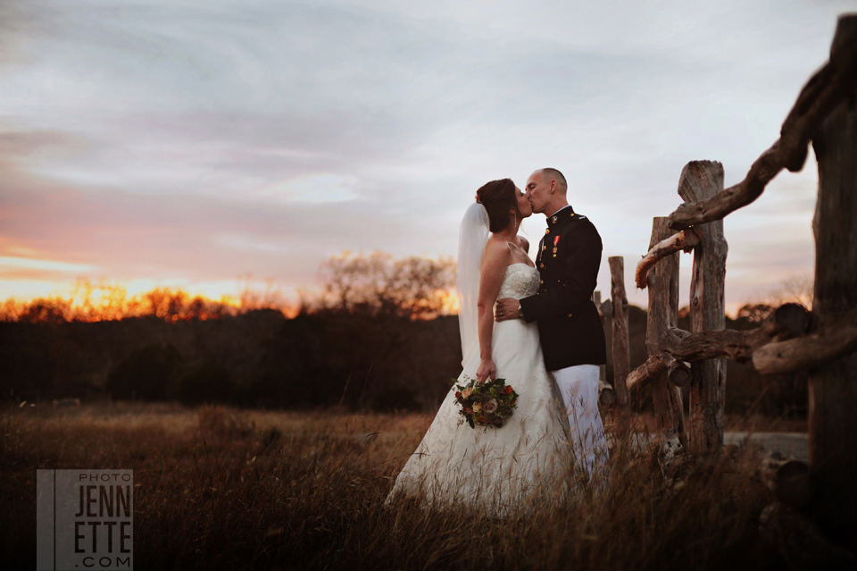 bride groom outside sunset flowers